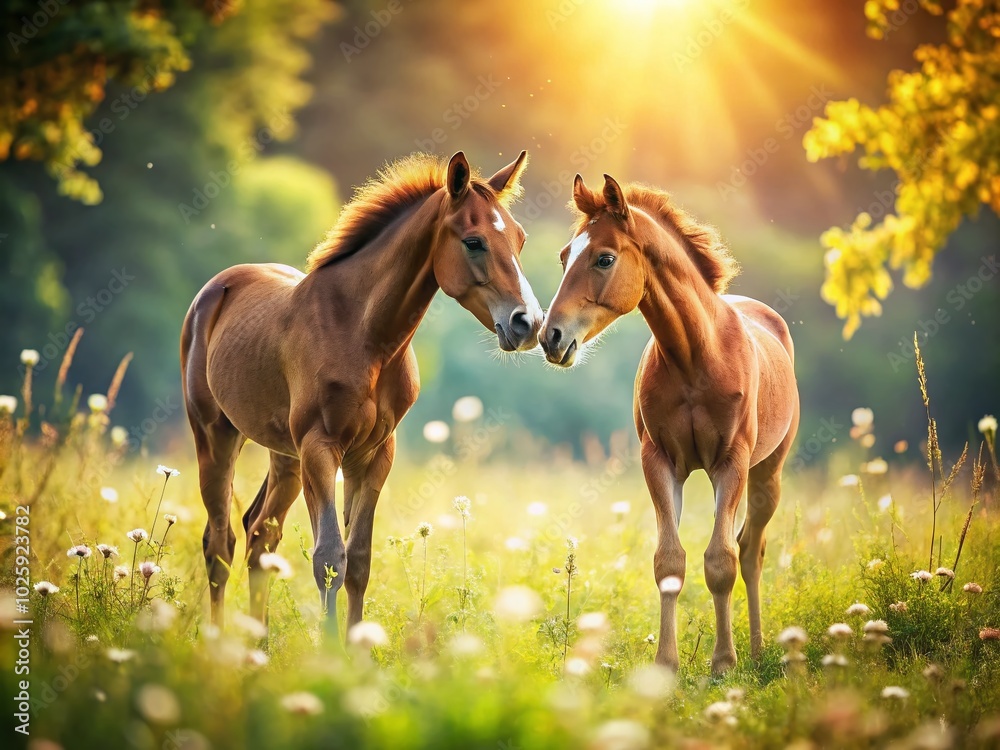 Brown Thoroughbred Foals Sniffing in Pasture with Bokeh Effect