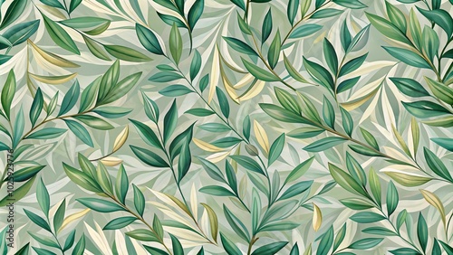 An abstract pattern featuring a vibrant green foliage backdrop with delicate, elongated leaves in varying shades of green and a subtle undertone of pale yellow.