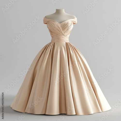 Beige ball gown with sweetheart neckline, intricate lace bodice, and full skirt cascading to the floor.