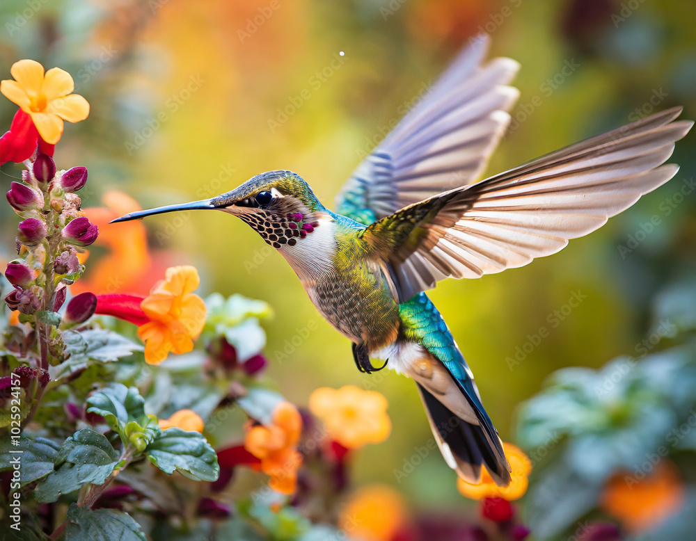 Colorful hummingbird hovering near vibrant flowers in a sunny garden during springtime