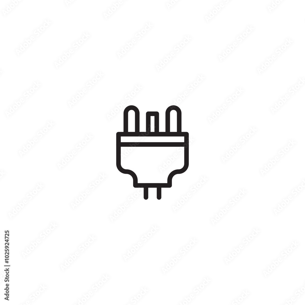 A minimalist black outline icon of a UK-style electrical plug with three rectangular pins and a wider, flat top. A minimalist black outline icon of a UK-style electrical plug with three rectangular pins and a wider, flat top.