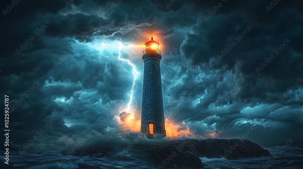 A towering lighthouse illuminated by a lightning bolt hitting the ground nearby, with storm clouds swirling overhead and rain lashing against the structure. A towering lighthouse illuminated by a lightning bolt hitting the ground nearby, with storm clouds swirling overhead and rain lashing against the structure.