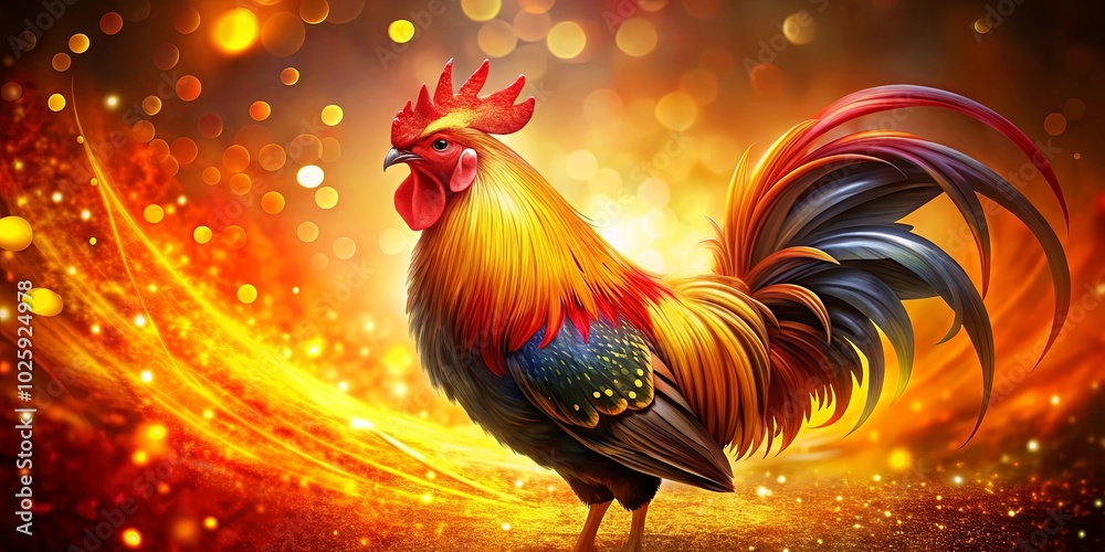 A vibrant rooster with a golden glow stands proudly, its feathers a tapestry of colors against a backdrop of shimmering bokeh, symbolizing a new dawn. A vibrant rooster with a golden glow stands proudly, its feathers a tapestry of colors against a backdrop of shimmering bokeh, symbolizing a new dawn.