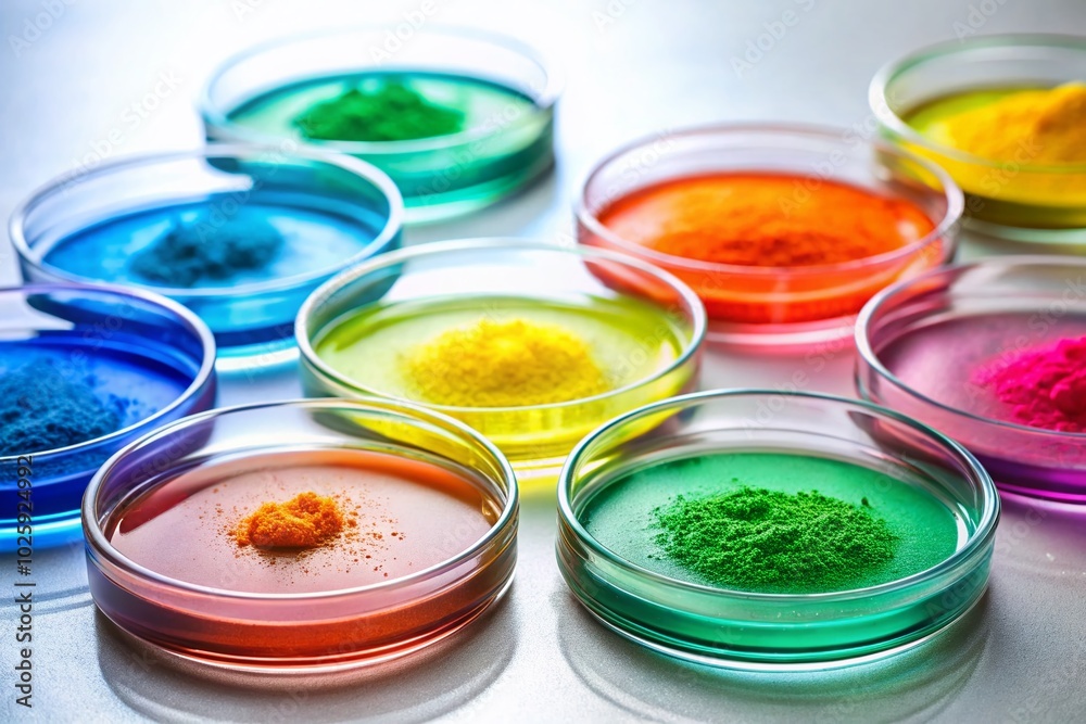 Petri Dishes Filled with Calcium Carbonate Powder on White Table for Scientific Research and Laboratory Use Petri Dishes Filled with Calcium Carbonate Powder on White Table for Scientific Research and Laboratory Use