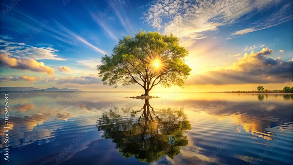 A Solitary Tree Stands Tall in the Stillness of a Serene Lake, Bathed in the Golden Rays of a Majestic Sunrise, Its Reflection Mirroring the Beauty Above A Solitary Tree Stands Tall in the Stillness of a Serene Lake, Bathed in the Golden Rays of a Majestic Sunrise, Its Reflection Mirroring the Beauty Above