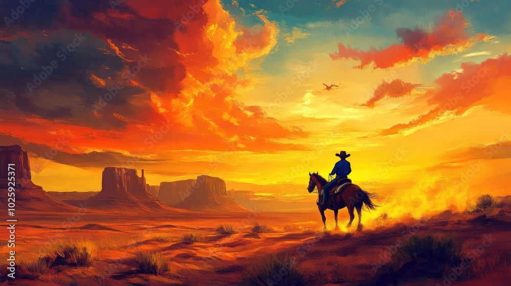 Fototapeta premium Western-themed painting of a cowboy riding at sunset, vast desert landscape, and ample copy space in the sky.