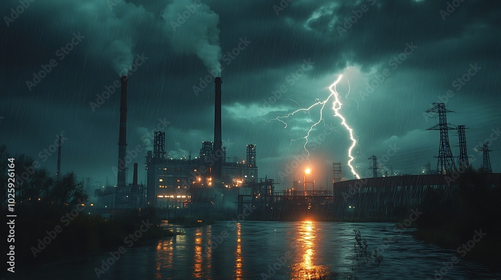 A vivid image of a lightning strike hitting near an industrial complex during a heavy storm, with rain pouring down on towering smokestacks and factory buildings. A vivid image of a lightning strike hitting near an industrial complex during a heavy storm, with rain pouring down on towering smokestacks and factory buildings.
