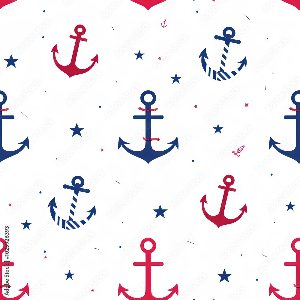 A vibrant pattern featuring red and blue anchors and stars on a white background, perfect for nautical-themed designs.