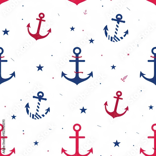 Obraz na płótnie A vibrant pattern featuring red and blue anchors and stars on a white background, perfect for nautical-themed designs. w salonie