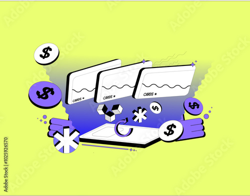 Illustration vector of digital financing through an app. Financing illustration design with currency coins and cards.