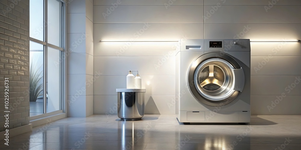 A modern laundry room with a sleek washing machine, a window providing a view of the outside, and a small side table with two bottles A modern laundry room with a sleek washing machine, a window providing a view of the outside, and a small side table with two bottles
