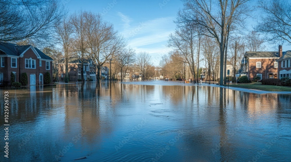 A residential area submerged in floodwater, with empty roads and space for copy in the background. A residential area submerged in floodwater, with empty roads and space for copy in the background.