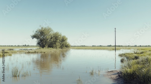 A rural area flooded with water, with ample space for copy in the clear sky.