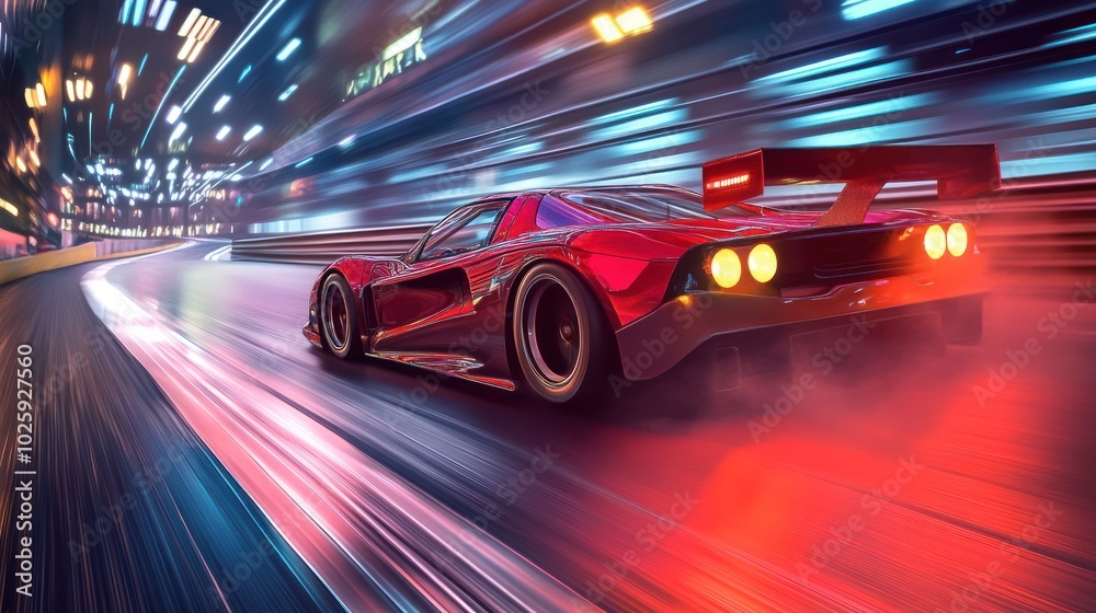 Red Sports Car Blurs Through Night City Red Sports Car Blurs Through Night City