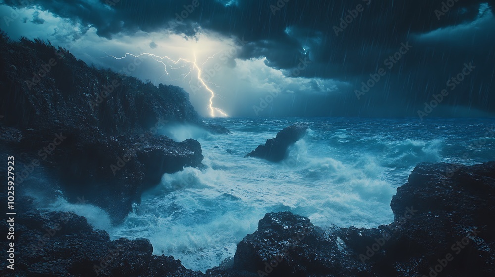 A vivid photograph of a stormy coastline, with rain pouring heavily over rocks and waves crashing violently. A bright flash of lightning illuminates the chaotic scene. A vivid photograph of a stormy coastline, with rain pouring heavily over rocks and waves crashing violently. A bright flash of lightning illuminates the chaotic scene.
