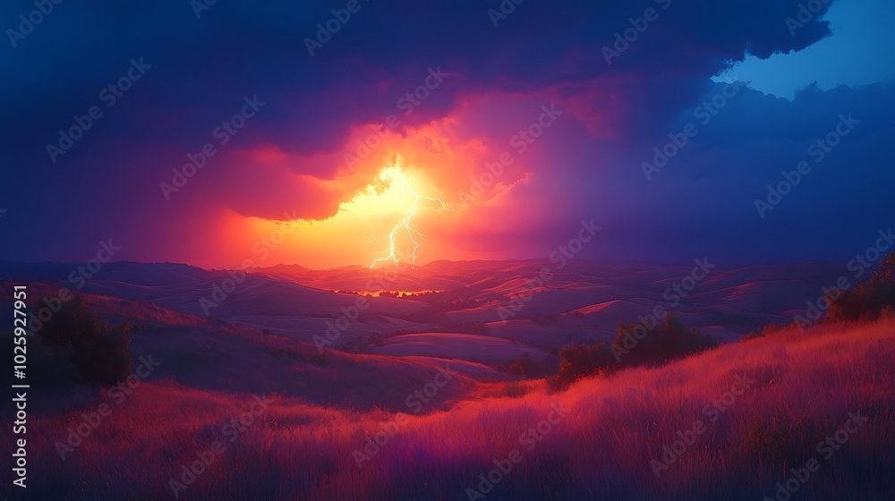 A vivid scene of a powerful lightning bolt striking the ground over a hilly terrain, with the glowing clouds casting shadows and light on the rolling hills. The landscape is illuminated brightly, A vivid scene of a powerful lightning bolt striking the ground over a hilly terrain, with the glowing clouds casting shadows and light on the rolling hills. The landscape is illuminated brightly,