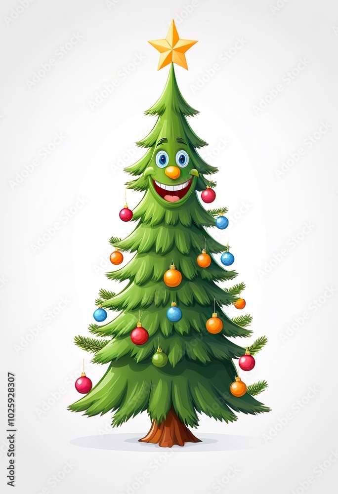 Fototapeta premium decorated Christmas tree, cartoon character on a white background
