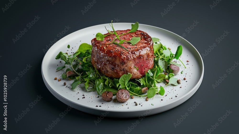 Exquisite Seared Meat Gourmet Dish on Stylish Plate with Fresh Greens & Garnishes in High Detail | Dark Background | 8K Photo Realistic Image Exquisite Seared Meat Gourmet Dish on Stylish Plate with Fresh Greens & Garnishes in High Detail | Dark Background | 8K Photo Realistic Image