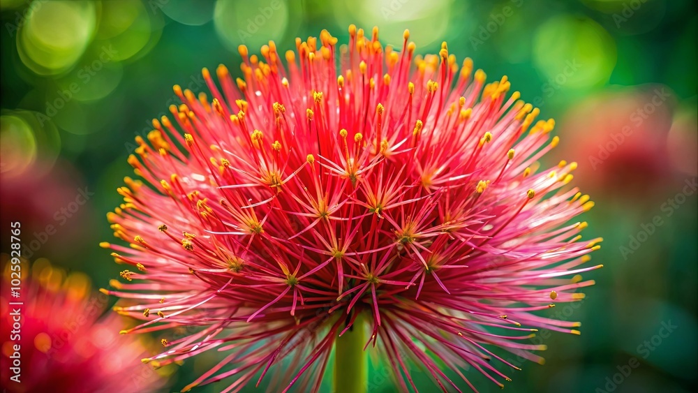 A vivid, vibrant red flower with fine, delicate petals and yellow pollen-tipped stamens, a striking contrast against the blurred green background. A vivid, vibrant red flower with fine, delicate petals and yellow pollen-tipped stamens, a striking contrast against the blurred green background.