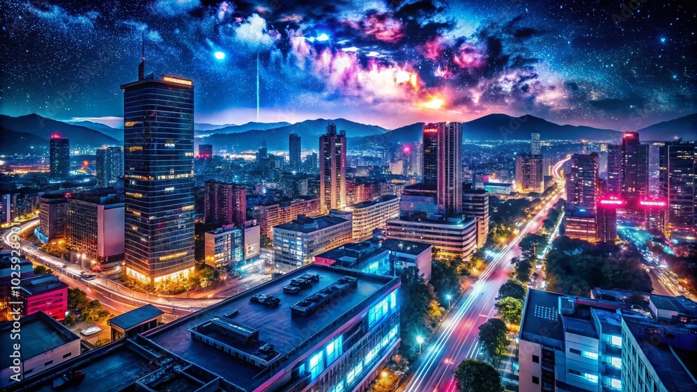 Obraz premium Captivating Night Photography of Urban Landscapes with Vibrant Neon Lights and Starry Skies