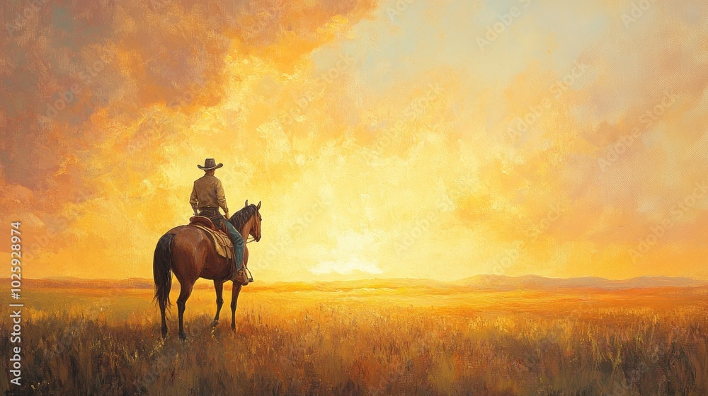 Cowboy on horseback painted against a serene sunset, wide-open landscape, and room for copy space in the golden sky. Cowboy on horseback painted against a serene sunset, wide-open landscape, and room for copy space in the golden sky.
