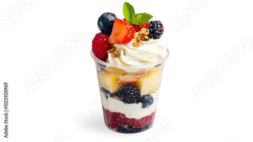 Exquisite Fruit Parfait in Dessert Cup with Cream Layers, High Angle View on Light Background - High Resolution Photo Realistic 8K Image