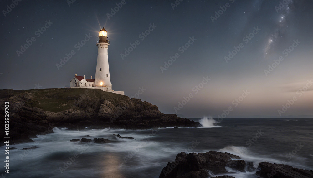 A lighthouse on a rocky island shines its bright beam on a clear, starry night. A lighthouse on a rocky island shines its bright beam on a clear, starry night.