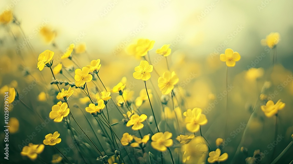 Fototapeta premium Scenic flower field with bright yellow rapeseed blossoms in Denmark, ample space for text.