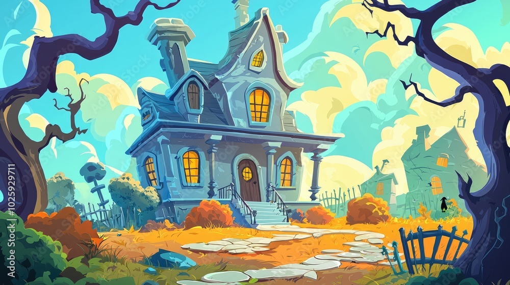 A spooky, gray, stone haunted house with a stone path leading to the front door. A spooky, gray, stone haunted house with a stone path leading to the front door.