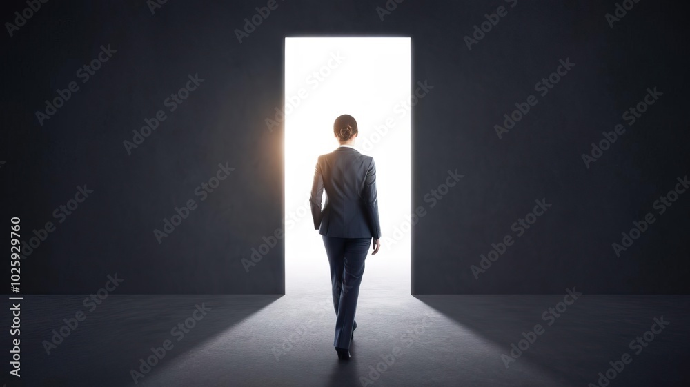 Business person walking towards light through an open door in a dark environment. Business person walking towards light through an open door in a dark environment.