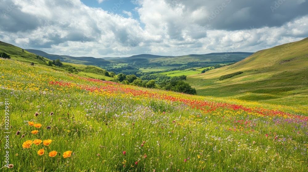 Serene wildflower meadows in Wales under an open sky, with space for text in the background. Serene wildflower meadows in Wales under an open sky, with space for text in the background.