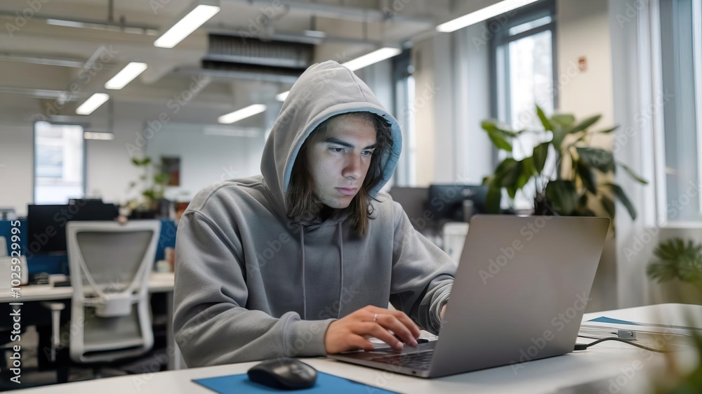 Focused young man in hoodie working on laptop in modern office space. Focused young man in hoodie working on laptop in modern office space.
