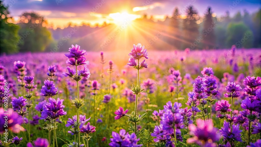 A Field of Delicate Purple Blooms Basking in the Golden Glow of a Setting Sun A Field of Delicate Purple Blooms Basking in the Golden Glow of a Setting Sun