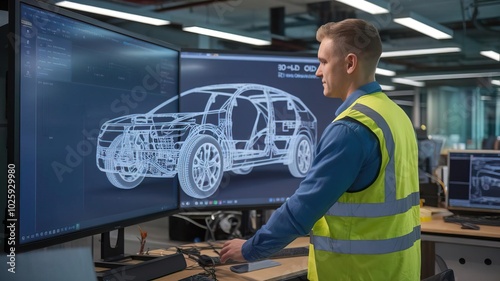 Engineer analyzing a vehicle blueprint on a dual monitor setup.