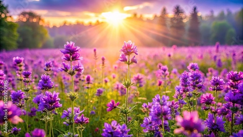 A Field of Delicate Purple Blooms Basking in the Golden Glow of a Setting Sun