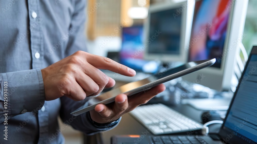 Person using tablet, working in modern office environment.