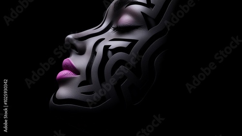 Mysterious Beauty: A woman's face, partially obscured by a striking black and white geometric pattern, is bathed in soft light against a dark background. Her eyes are closed.