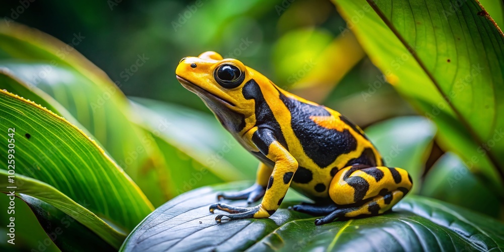 Fototapeta premium Captivating Yellow-Banded Poison Dart Frog in Its Natural Habitat