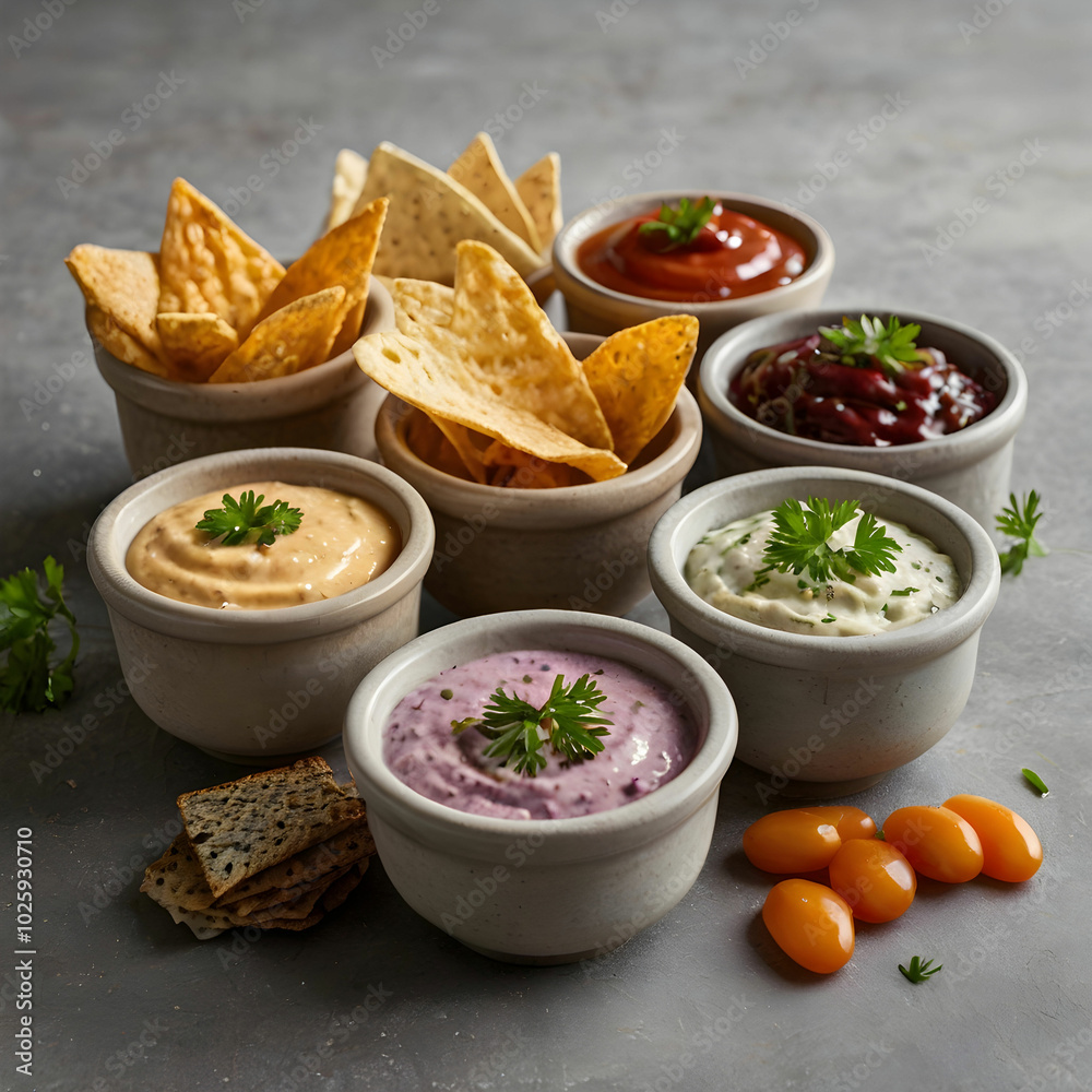 An assortment of dips and snacks presented together, featuring various flavors An assortment of dips and snacks presented together, featuring various flavors