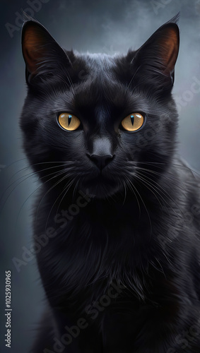 Black Cat Portrait, Intense Gaze, Sharp Whiskers, Golden Eyes