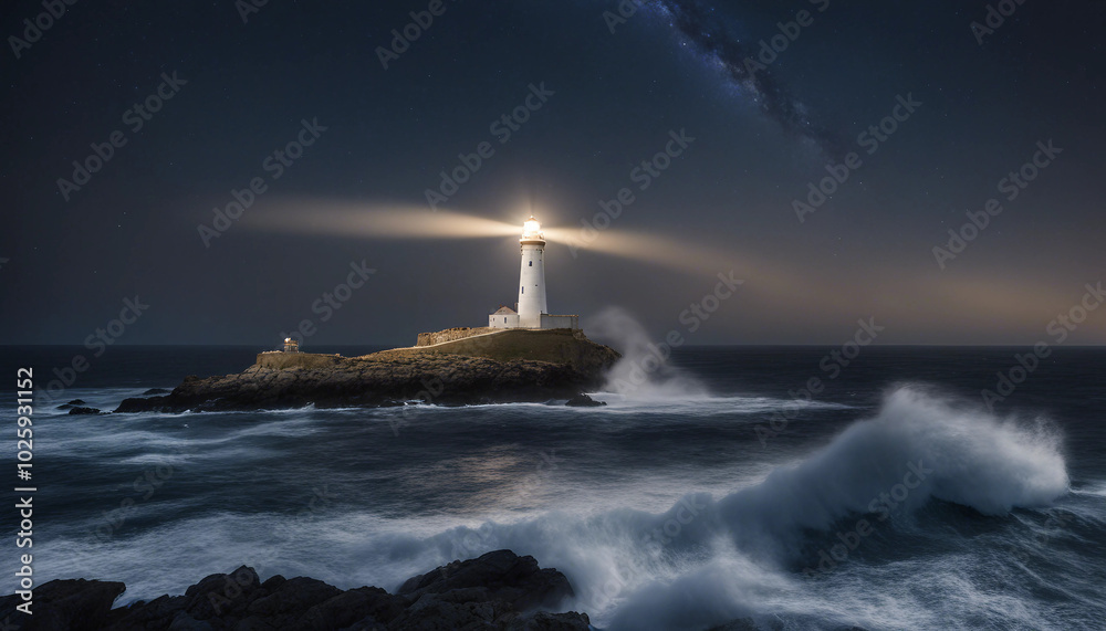 A lighthouse on a rocky island shines its bright beam on a clear, starry night. A lighthouse on a rocky island shines its bright beam on a clear, starry night.