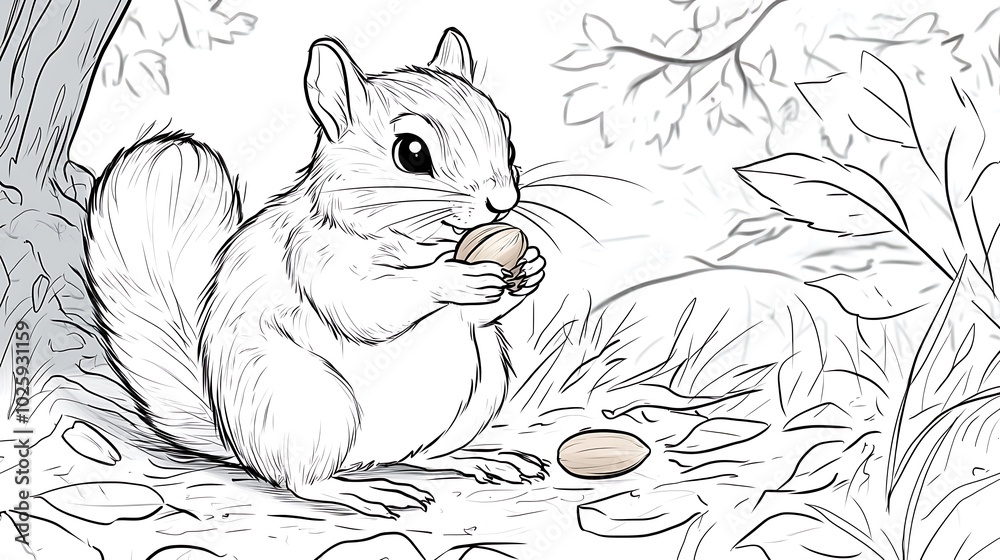 A chubby chipmunk eating a nut, sitting comfortably on the ground, with a simple tree and leaf background, surrounded by minimal grass and small bushes, bold lines, low details, no shading, A chubby chipmunk eating a nut, sitting comfortably on the ground, with a simple tree and leaf background, surrounded by minimal grass and small bushes, bold lines, low details, no shading,