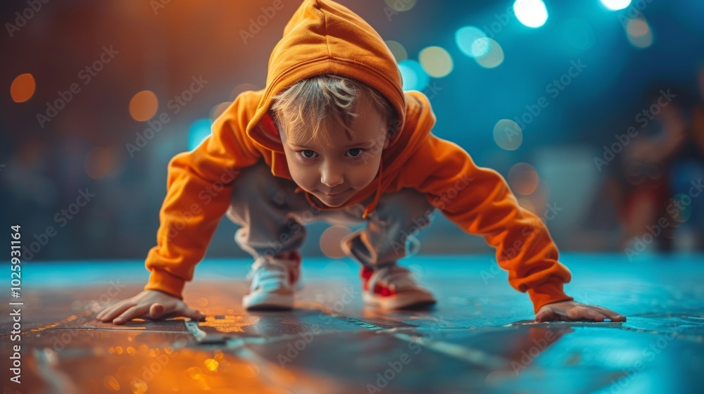 Child in hoodie and tracksuit crouches on dimly lit pavement, solemnly facing the camera. Moody atmosphere with wet pavement hinting at rain. Child in hoodie and tracksuit crouches on dimly lit pavement, solemnly facing the camera. Moody atmosphere with wet pavement hinting at rain.