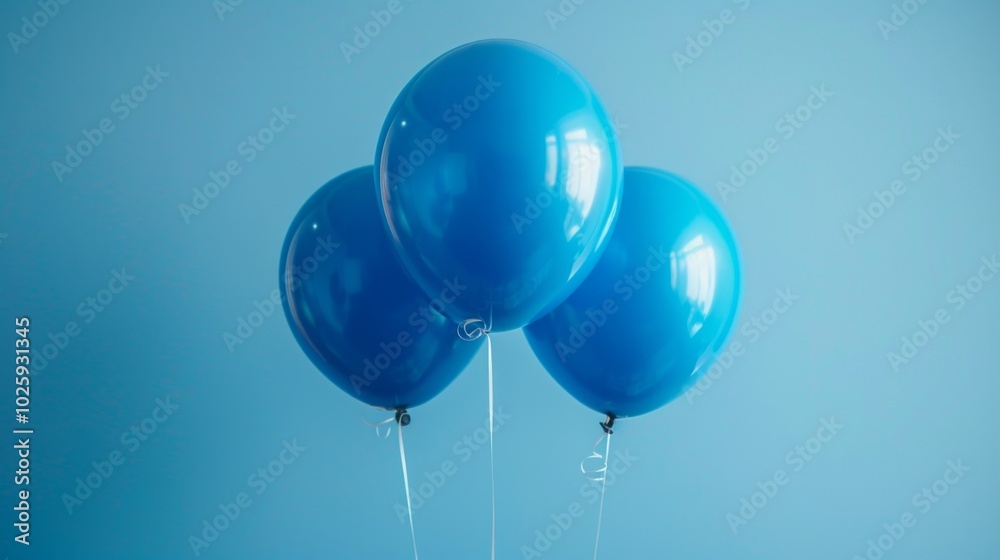 Three blue balloons tied together on light blue background symbolize joy and festivity, hinting at a special occasion or celebration. Three blue balloons tied together on light blue background symbolize joy and festivity, hinting at a special occasion or celebration.