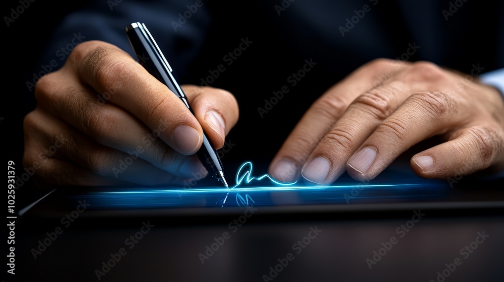Digital Signature: A close-up shot of a hand signing a digital document on a tablet, highlighting the modern and secure nature of electronic signatures.