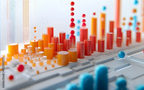 Colorful data visualization with bar graphs and dots representing statistics and trends in a modern digital design.