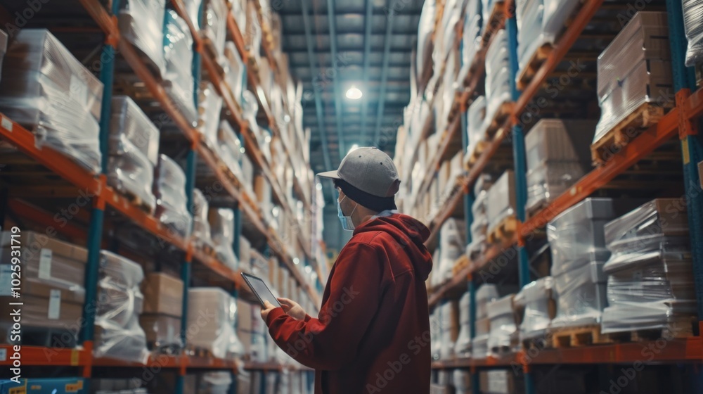 A man in a warehouse with shelves of goods, wearing a face mask and using a tablet to check inventory. Bright lighting fills the space. A man in a warehouse with shelves of goods, wearing a face mask and using a tablet to check inventory. Bright lighting fills the space.