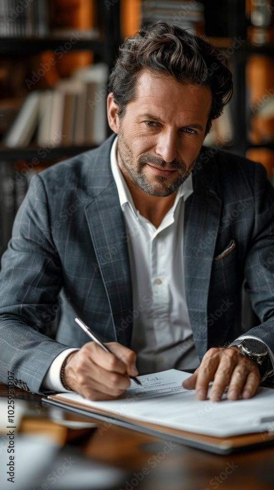 An adult male in a grey suit sits at a desk with forms, writing. He looks focused, with a serious, professional vibe. An adult male in a grey suit sits at a desk with forms, writing. He looks focused, with a serious, professional vibe.