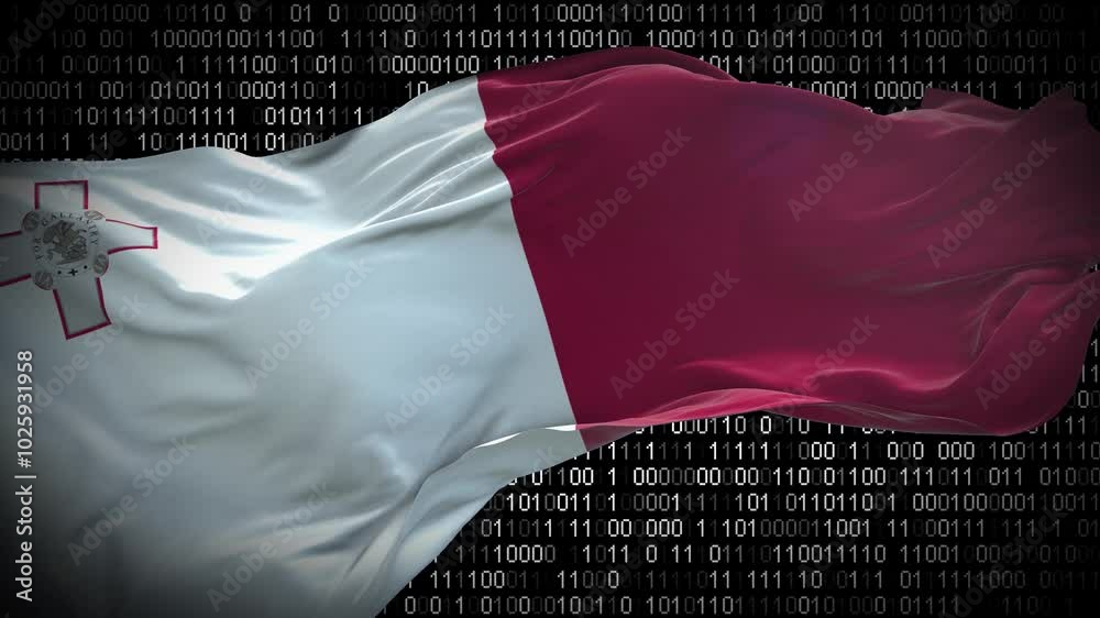 Binary code on flag of Malta. Program source code or Hacker concept on Maltese flag. Malta digital technology security, hacking or programming