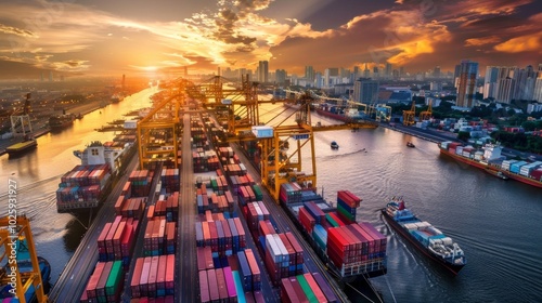 Wallpaper Mural A vibrant port scene at dawn or sunset: a container ship being loaded, bridge cranes in action, city buildings, a river, and stacked colorful containers, symbolizing bustling commerce  Torontodigital.ca